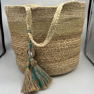 Shiraleah Chicago Aqua Tassel Beige Tan Metallic Jute Tote Bag Straw Beach